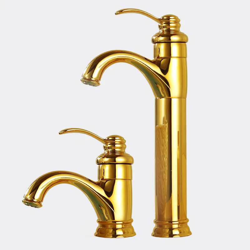 

Bathroom Basin Faucet Golden Finished Brass Sink Faucet Single Handle Single Hole Hot and Cold Water Mixer Tap Deck Mounted Tap