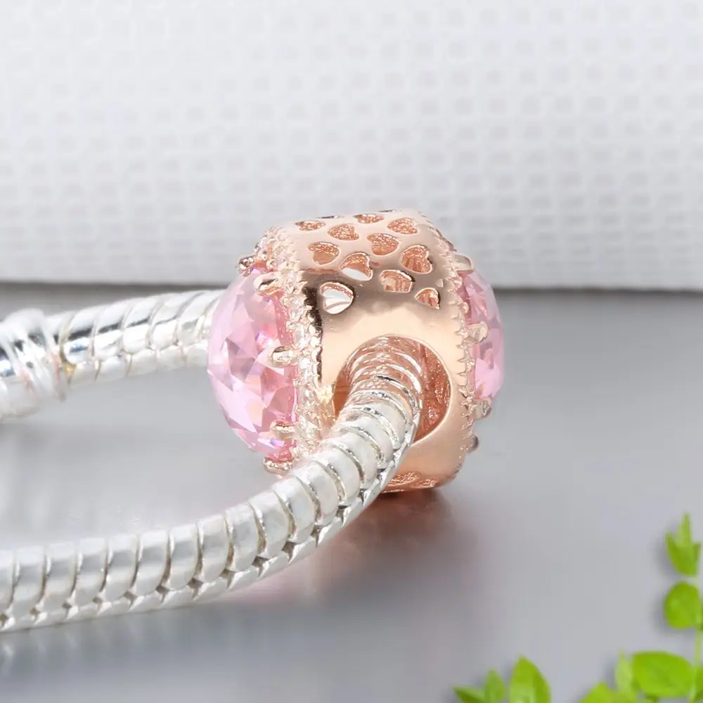 Wybeads стерлингового серебра 925 Радиант сердце Талисманы Розовый CZ розового золота