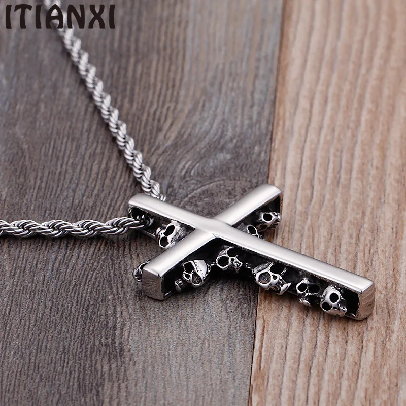 High Polished Stainless Steel Cross &amp Skull Heads Pendant Necklaces For Men Punk Pub Biker Jewelry Accessories | Украшения и