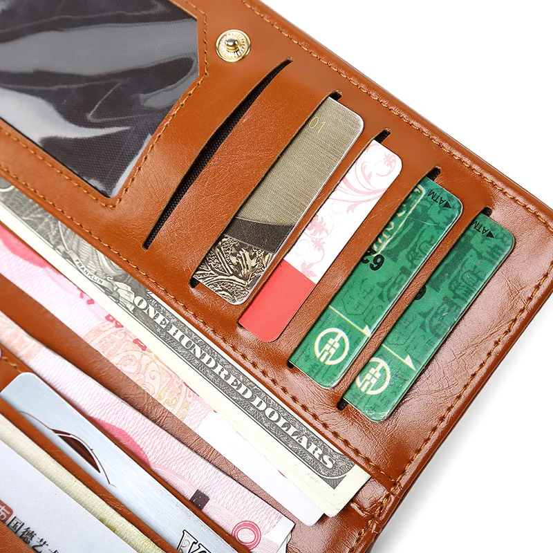 2019 для женщин масла Воск PU большие кожаные бумажники Женский Винтаж посылка