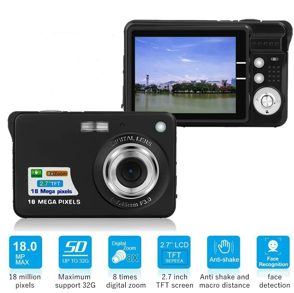 Black Портативная мини цифровая камера 2," 720 P 18MP 8x Zoom TFT lcd HD Anti-Shake видеокамера с микрофоном для детей подарок - Цвет: Black