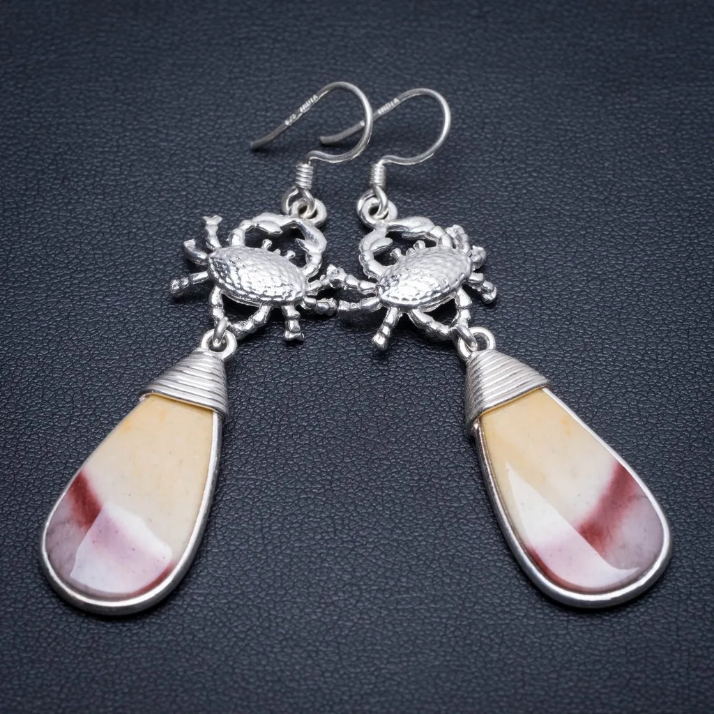 Серьги из серебра императорская яшма пробы с натуральным королевским крабом 925