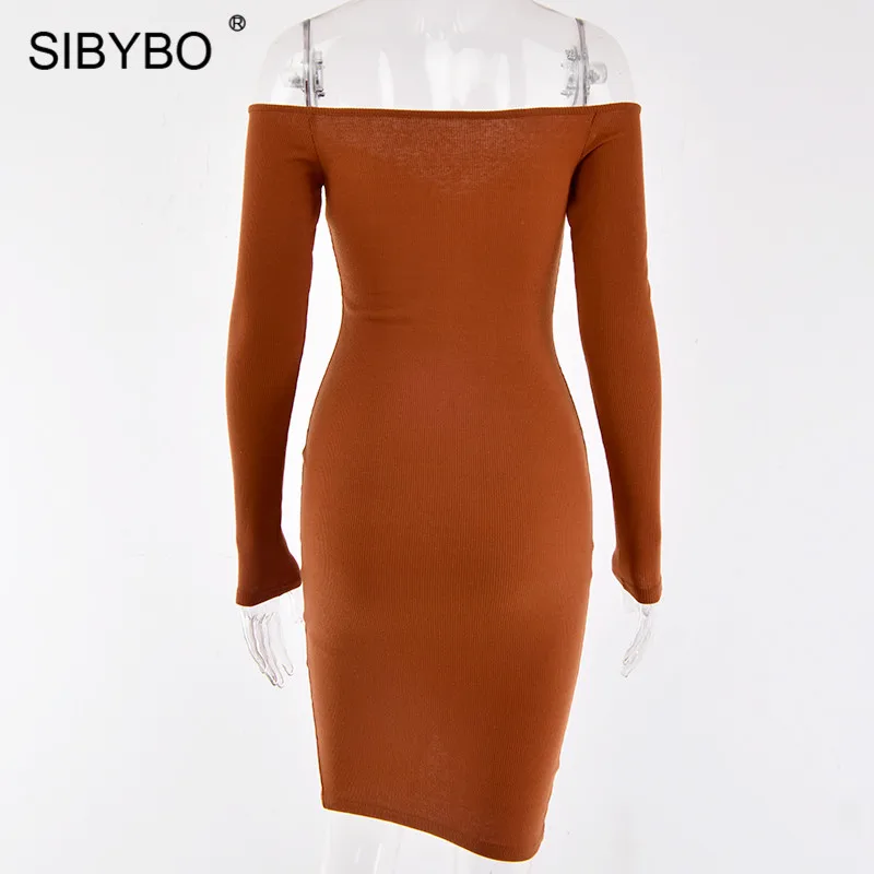 Sibybo, без бретелек, однобортное, сексуальное платье для женщин, осень, с открытыми плечами, с длинным рукавом, повседневное, бодикон, платье с открытой спиной, Клубные, вечерние платья