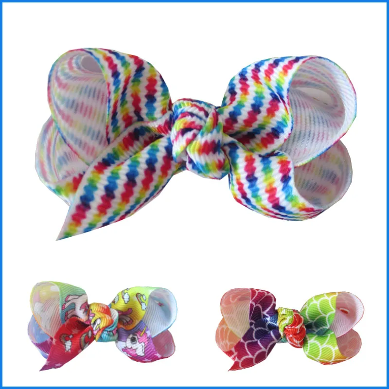 

50 PCS Girl 2.5" Diamond Rainbow ABC Hair Bow Clip Unicorn Clover Fruit