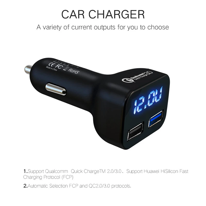 Автомобильное зарядное устройство Quick Charge 3,0 с двумя usb-портами, светодиодный дисплей, универсальное автомобильное зарядное устройство для телефона Xiaomi, samsung, IPhone, планшета и т. Д