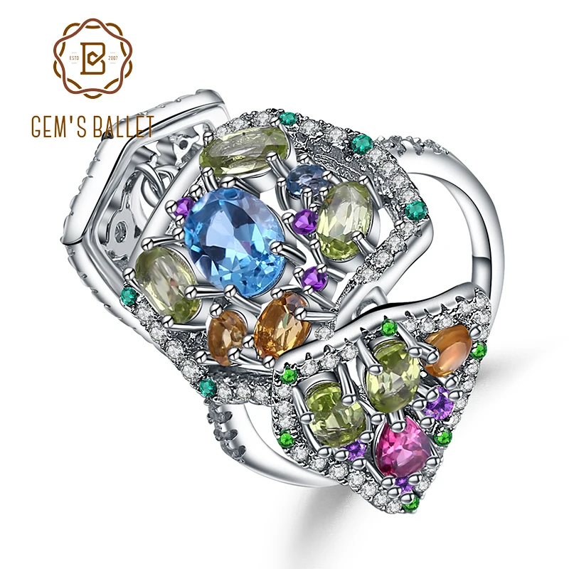 Разноцветное кольцо для балерины GEM'S с натуральным топазом женское из серебра