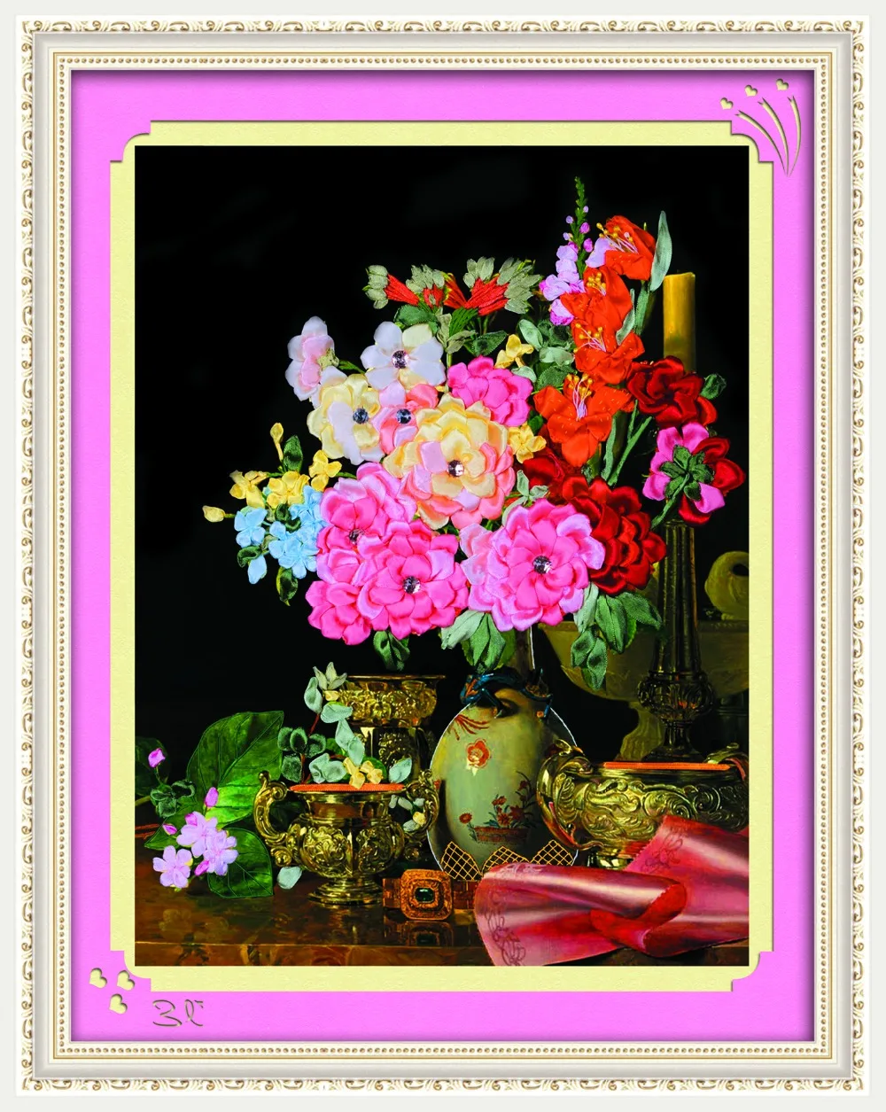 

Needlework,DIY Ribbon Cross stitch Set for Embroidery kit,Noble Pink Rose Flower ribbon Cross-Stitch handwork wedding wall decor