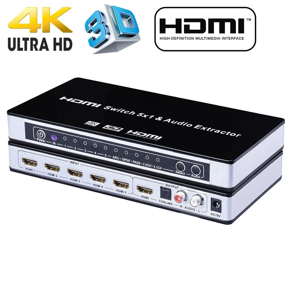 

2022 HDMI Switch Switcher 5x1 HDMI Audio Extractor 4Kx2K 3D ARC Audio EDID Setting HDMI 1.4v HDMI Switch Remote For PS4 Apple TV