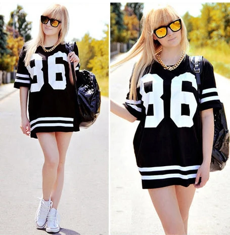 New 2014 Summer Women Celebrity Oversized 86 American Baseball Tee T Shirt Top Short Sleeve Loose Dress Black M L XL | Женская одежда