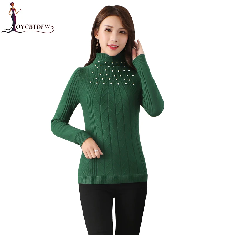 Autumn Winter Women Knitted Sweater 2018 Fashion Beading Wild Long-sleeved Half-high Collar Slim Knit Pullover Sweaters | Женская одежда