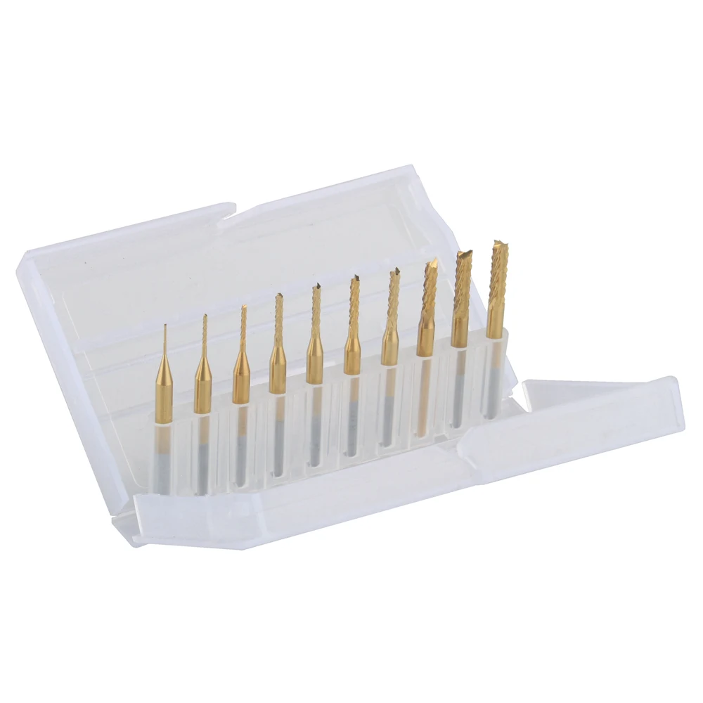 

10pcs Titanium Coat Carbide 0.5-3.175 PCB Carbide Tools, CNC Cutting Bits, Milling Cutters Kit for Engraving Milling Machine