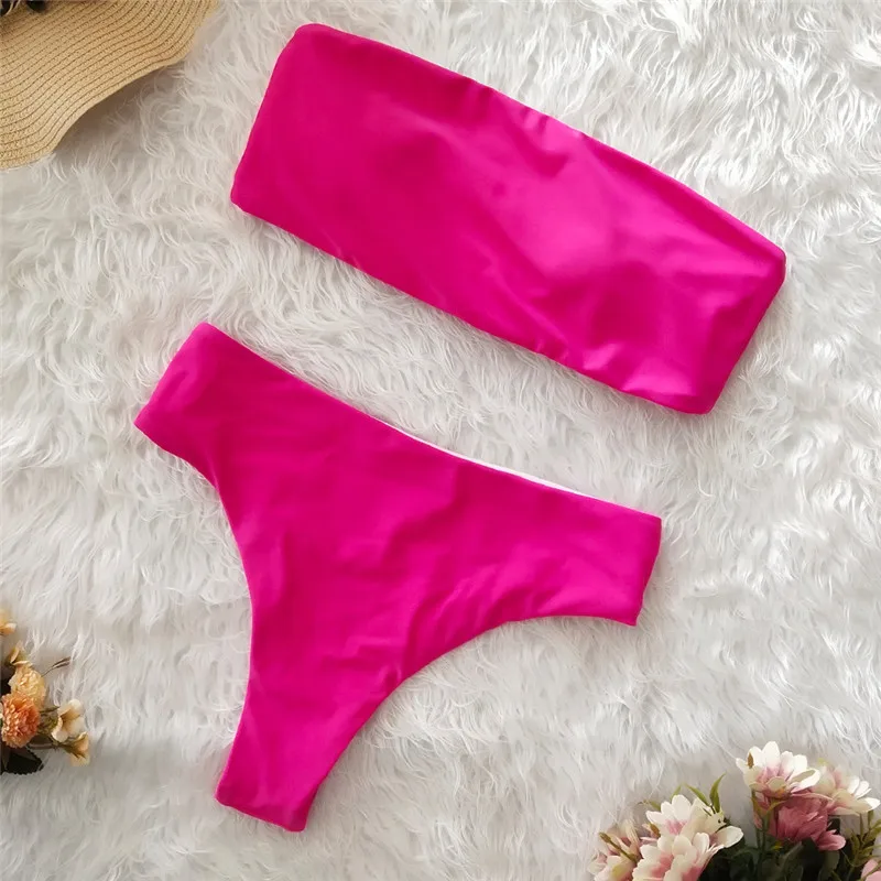 Bikinx топ-бандо с высокой талией бикини купальник с высокими плавками для женщин купальник с принтом ретро купальный костюм Новая Бразильская бикини - Цвет: Розовый