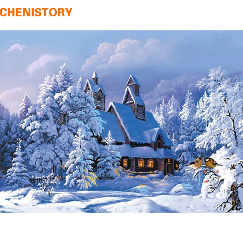 CHENISTORY Snow House Acrylic Picture DIY Painting By Numbers Hand Painted Oil On Canvas For Home Decoration 40x50cm | Дом и сад