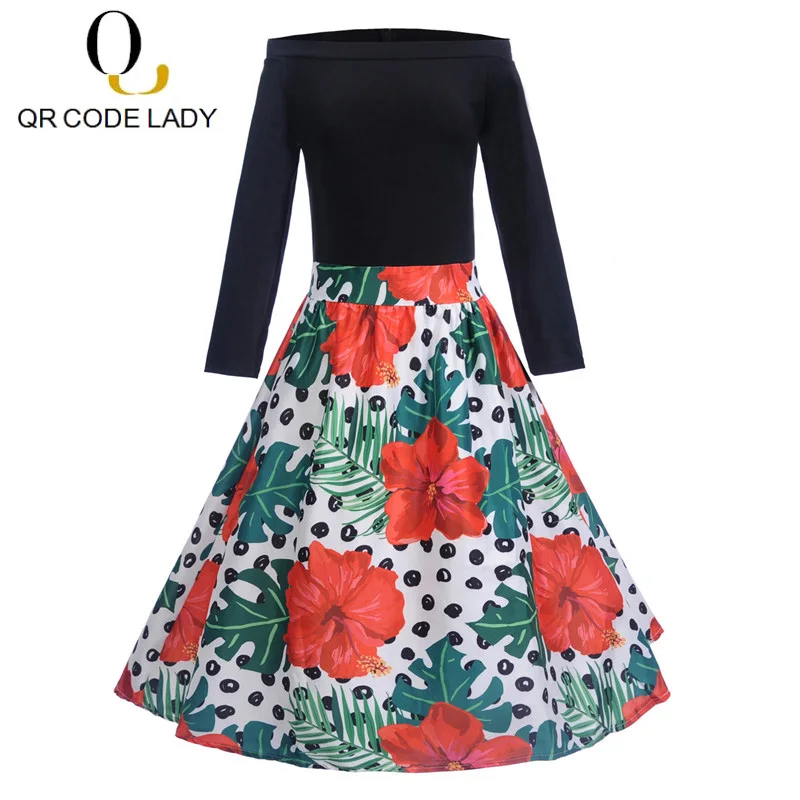 QR Fashion Summer Dress Women 2019 Casual Elegant Vintage Print Ball Gown Dresses Female Sexy Off Shoulder Evening Party | Женская