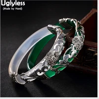 uglyless 925 silver four leaf clover bangles for women transparent gemstone bangle ethnic flower jade bracelet thai silver vines