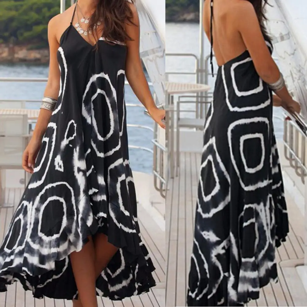 

New Boho Circle Print V Neck Women Backless Halter Bandage Asymmetric Maxi Dress