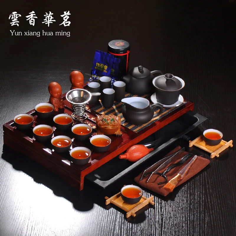 

Yixing tea set purple ceramic teapot wedding set of tea cups solid wood tea tray tea ceremony on sale