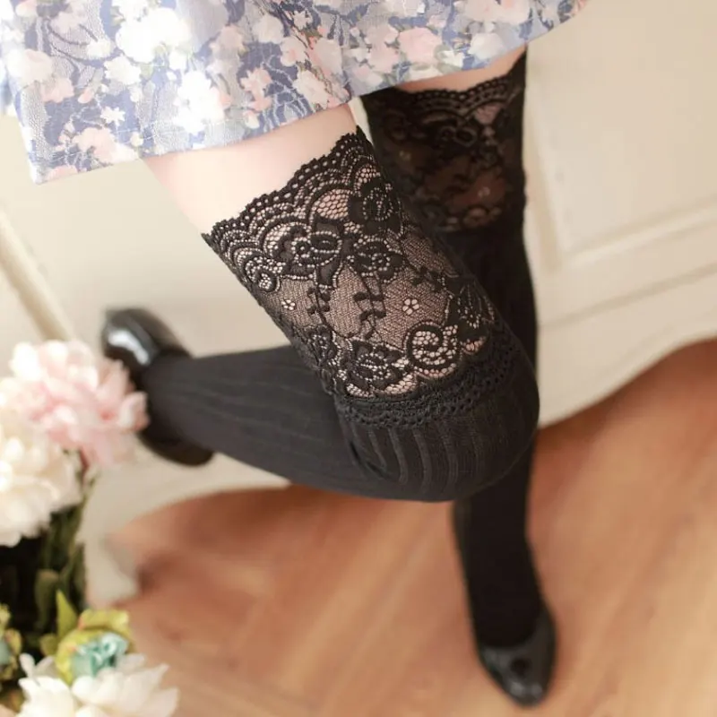 Японские носки до колена The wind чулки для девочек полосатые кружевные длинные выше