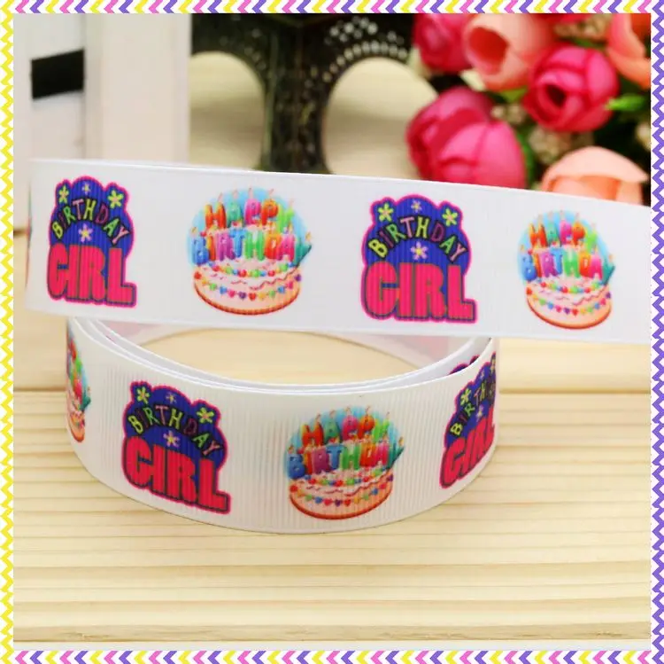 

7/8'' Free shipping birthday girl printed grosgrain ribbon hair bow headwear party decoration wholesale OEM 22mm H4476