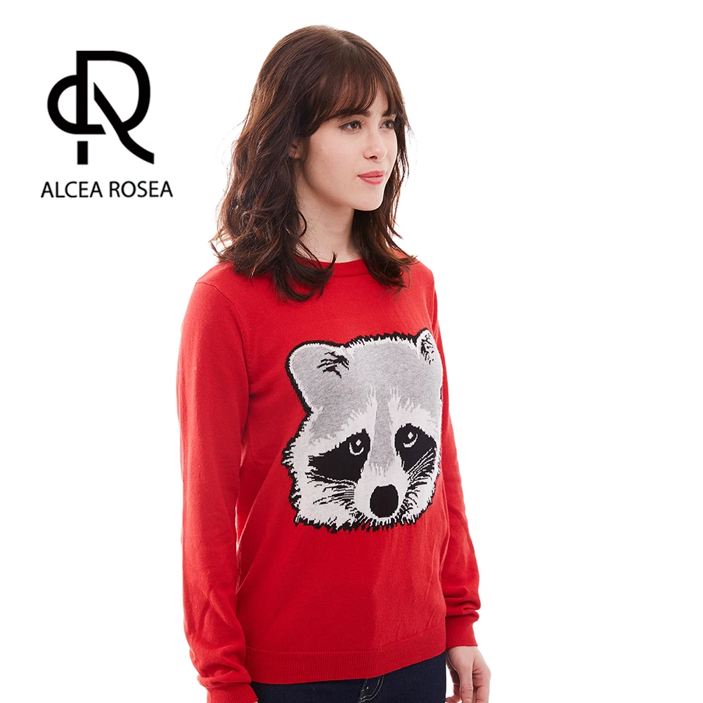 Alcea Rosea Cute Casual Red Sweater Crew Neck Animal Ringtail Penguin Jacquard Women's Knitted for Girls and Ladies 036 | Женская