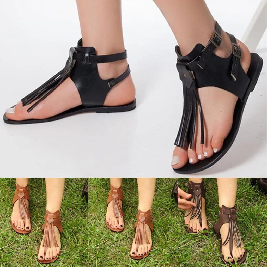 Женские босоножки на платформе с двойной пряжкой в римском стиле кисточками лето