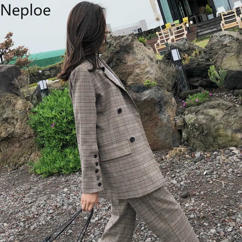 Neploe клетчатый женский комплект из двух предметов, двубортный блейзер с длинным рукавом+ длинные брюки с высокой талией на пуговицах, модные костюмы 43746