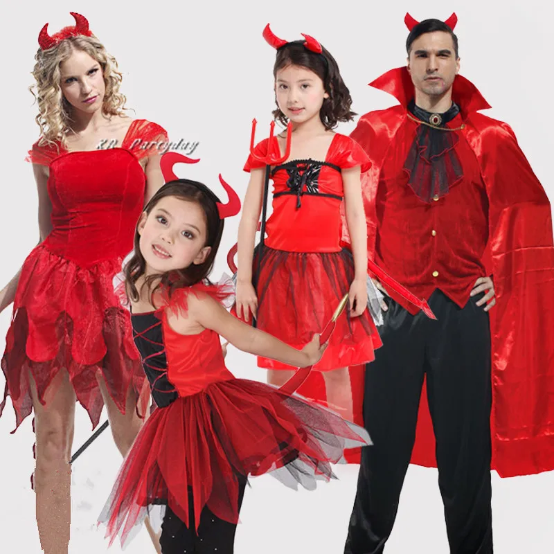 Men Women Girls Red Devil Cosplay Costume Dress For Adults Children Performance Props Halloween Party Supplies| |