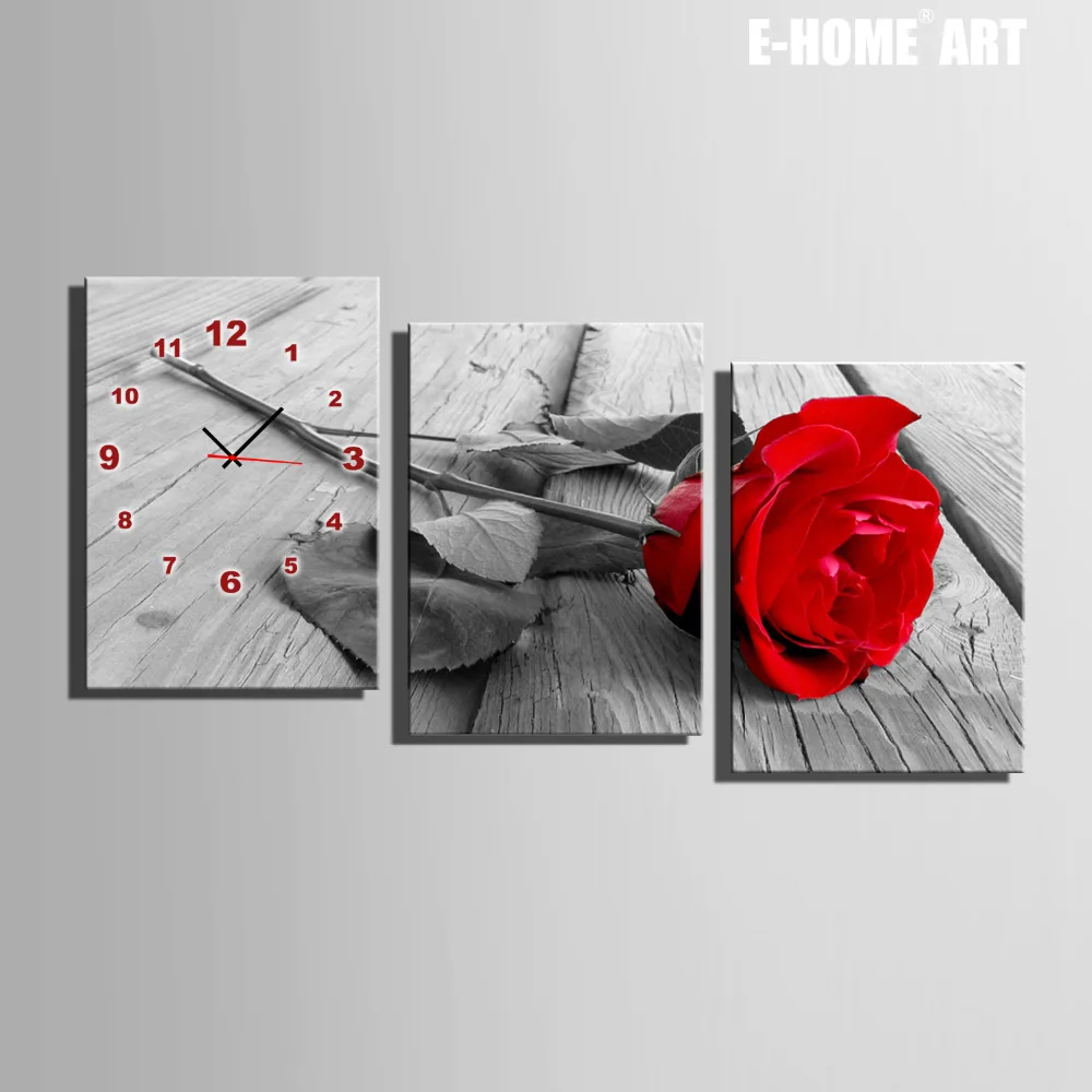 Бесплатная доставка E HOME часы с красной розой в холсте 3 шт настенные часы|red rose|canvas
