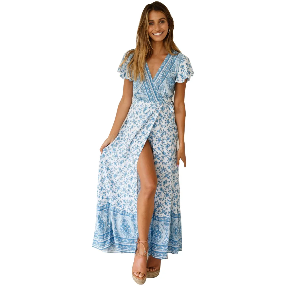 

Summer Holiday Print Flower Sexy Long Beach Dress Women 2020 Deep V-neck Vintage Boho Dress Robe Femme Ete