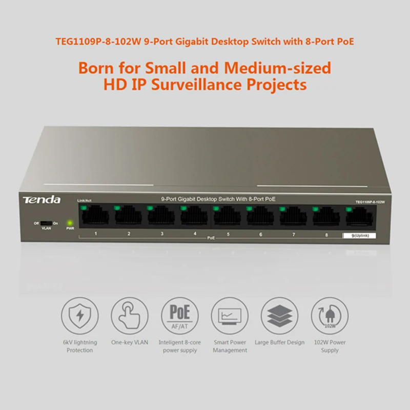 Tenda TEG1109P 8 102W гигабитный коммутатор poe сетевой переключатель ethernet 9*10 100 1000 Мбит RJ45