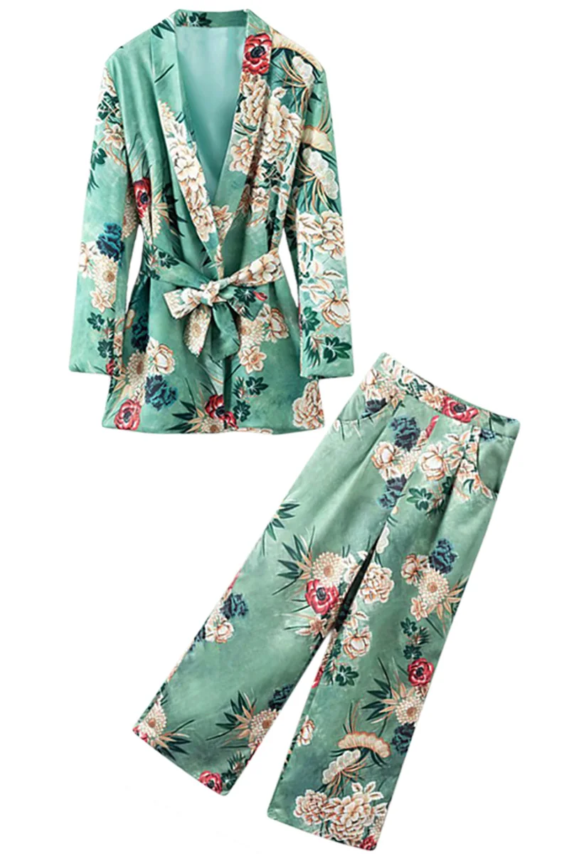 

2-piece set Fashion women's European station peacock print retro long suit jacket + high waist slim wide leg pants trousers Set