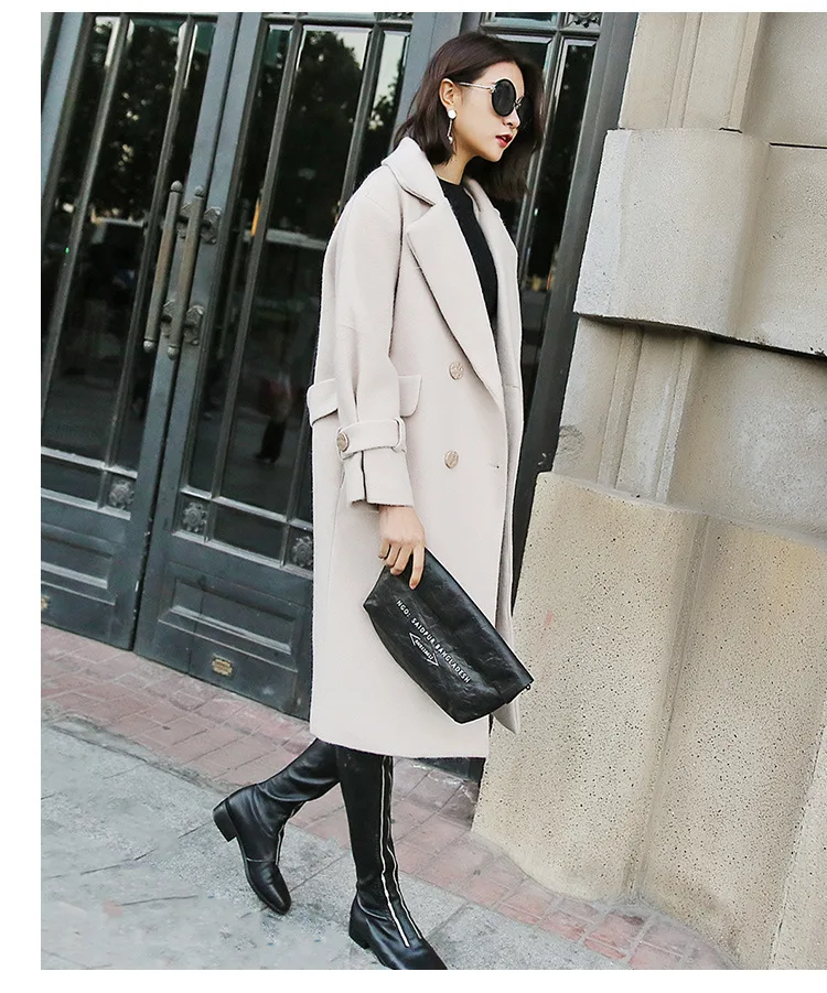 Office Lady Slim Women Long Wool Blend Coat Double Breasted Cashmere Jacket Turn-down Collar Ladies Coats | Женская одежда