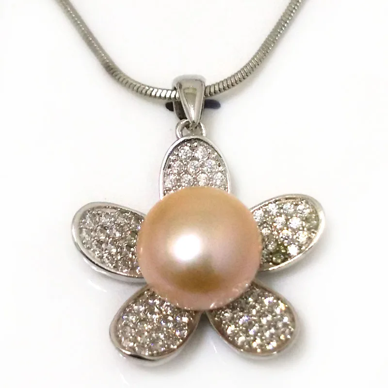 

18 inches Multiple Shiny Zirconia Flower Style 12-13mm Natural Pink Button Pearl Sterling Silver Pendent Necklace