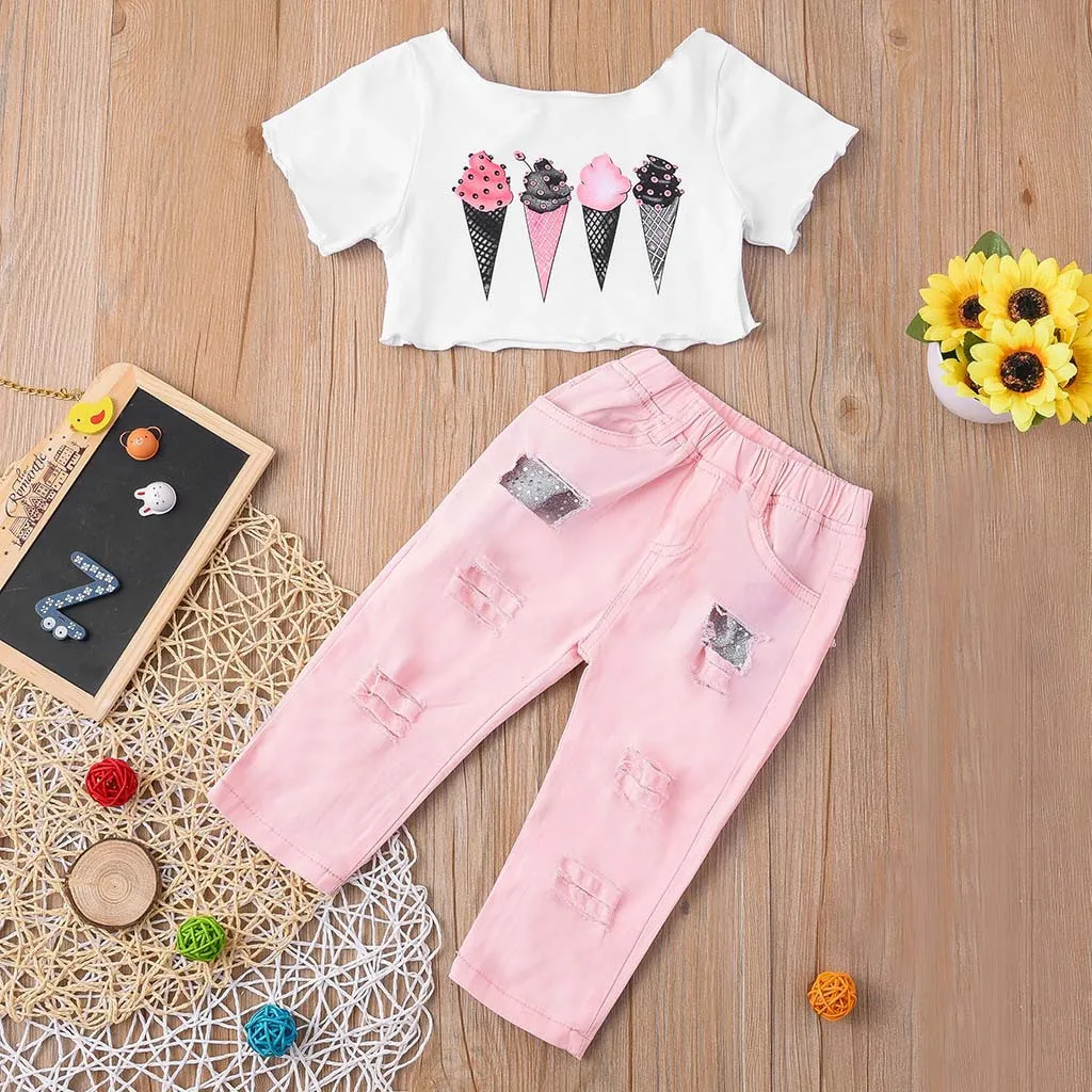 2PCs Newborn Kid Girls Short Sleeve Cartoon Print Tops +Pants Outfits Sets |