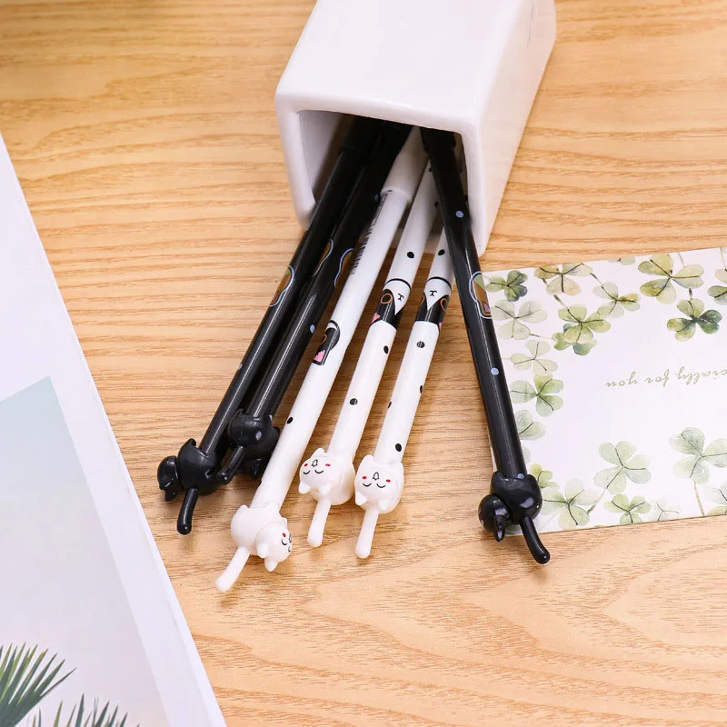 Черно белая гелевая ручка с фигуркой котенка 0 38 мм мультфильм Kawaii обычные ручки