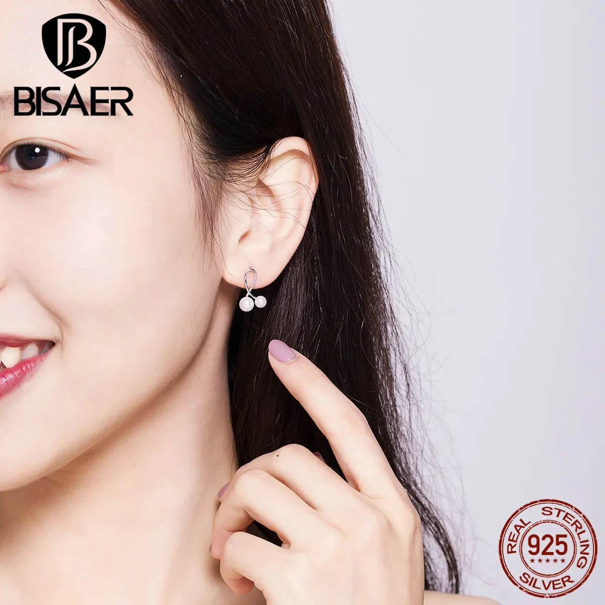 BISAER 925 пробы серебряные милые кошечки колокольчики-серьги Элегантные серьги с жемчугом в Корейском стиле элегантные серьги для женщин GXE628