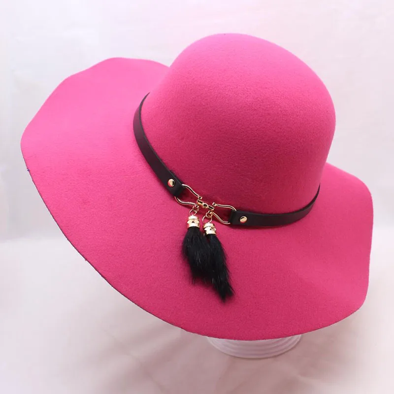 BINGYUANHAOXUAN Chapeau,, повседневная фетровая Кепка с широкими полями, шляпы с куполом, высокое качество, шерстяная широкополая шляпа, женская черная шляпа - Цвет: rose red