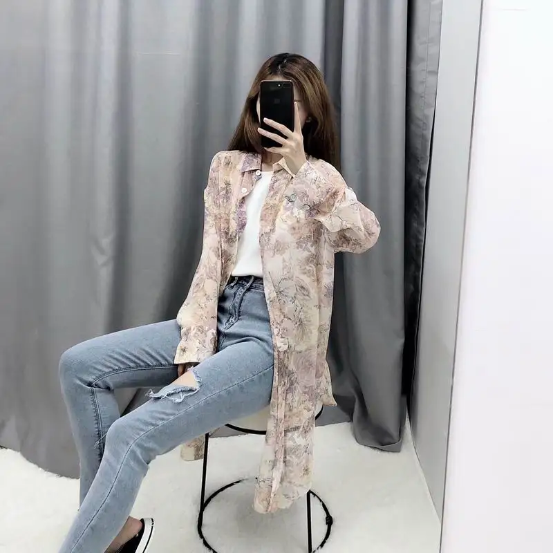 Солнцезащитная рубашка Лето 2019 Новая мода цветочные принты прозрачный шифон