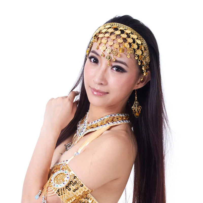 

Hot popular Women gold silver Belly Dance Headwear Belly Dancing Accessories Dancer Chains Coin Headband Imitate Diamon