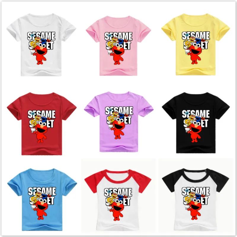 

Summer Cotton Baby Cartoon Funny Sesame Street Elmo Print Baby Boys Short Sleeve T-Shirts Girls Tops Kids Tshirts Tees Costumes