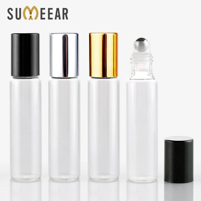 

10ML Mini Glass With Steel Ball Bottle Perfume Bottles With Roll On Empty Cosmetic Essential Oil For Travel 100Pieces/Lot