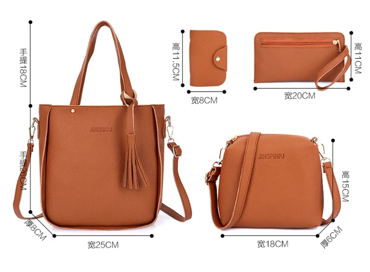 longmiao Women Bag Composite 4pcs Set Top-Handle Tassel Handbag Fashion Shoulder Purse Ladies PU Leather Crossbody | Багаж и сумки