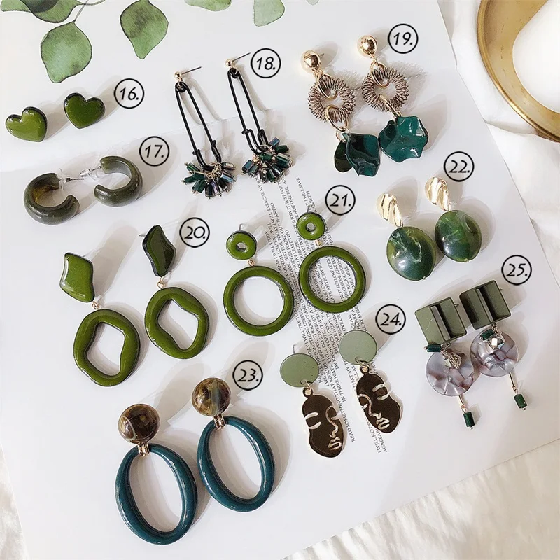 2019 Korean fashion geometric heart acrylic temperament green fresh round flower leaves long dangle earrings for women jewelry | Украшения