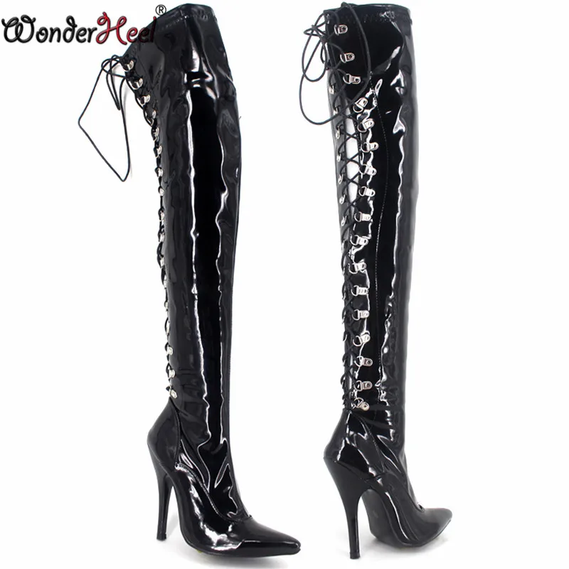 Новые женские облегающие высокие сапоги Wonderheel 5"/12 см из лакированной кожи на шнуровке пикантные высокие сапоги выше колена
