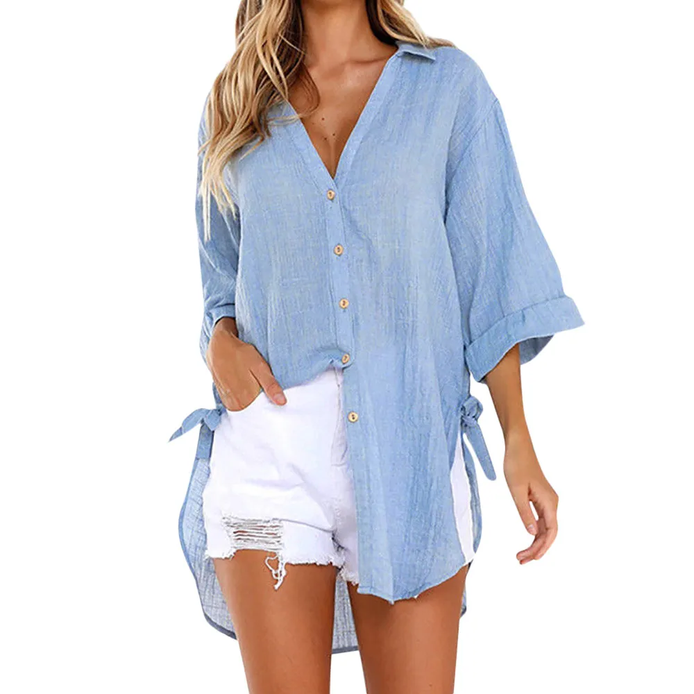 

Women Sexy Deep V-Neck Chiffon Blouse Solid Long Sleeve Button Shirts Autumn Office Lady Elegant Blusas Tops Plus Size A3