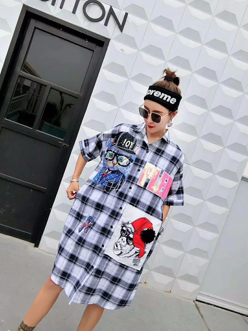 Дамы Плюс Размеры отложным воротником рубашка с платье Street Wear мультфильм