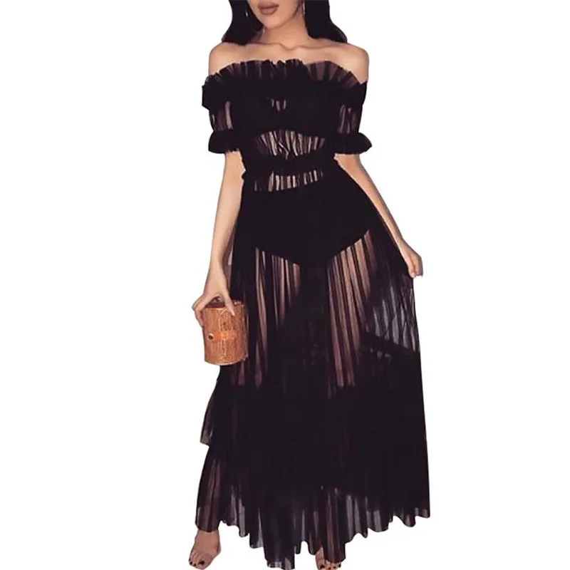 

Fanco Women's Fashion Sexy Lace Off Shoulder High Wasit Dress Female Flared Mesh Club Maxi Solid Color