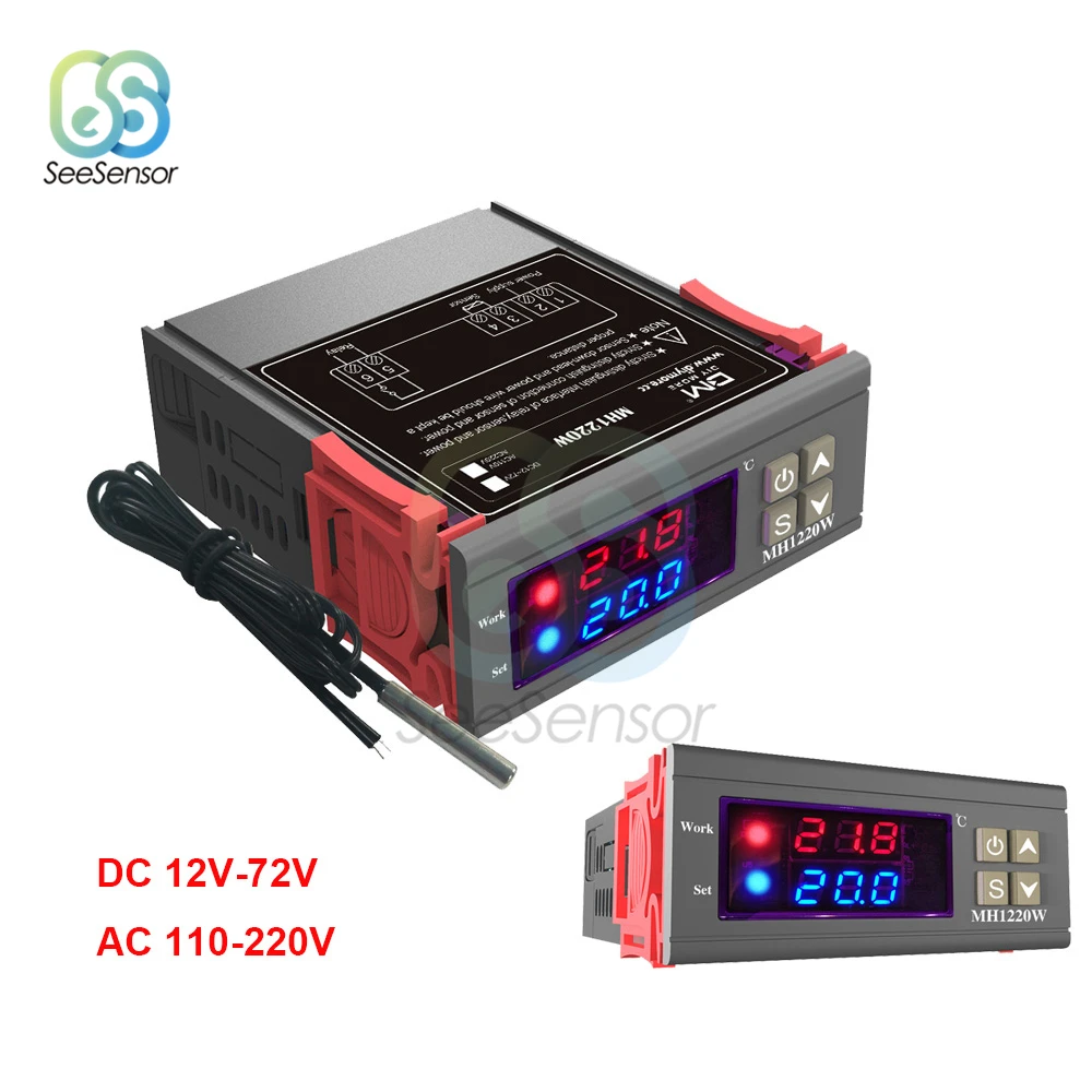 

MH1220W DC 12V-72V AC 110V 220V 10A Dual Display Digital Temperature Thermostat Regulator Controller NTC Sensor Heating Cooling