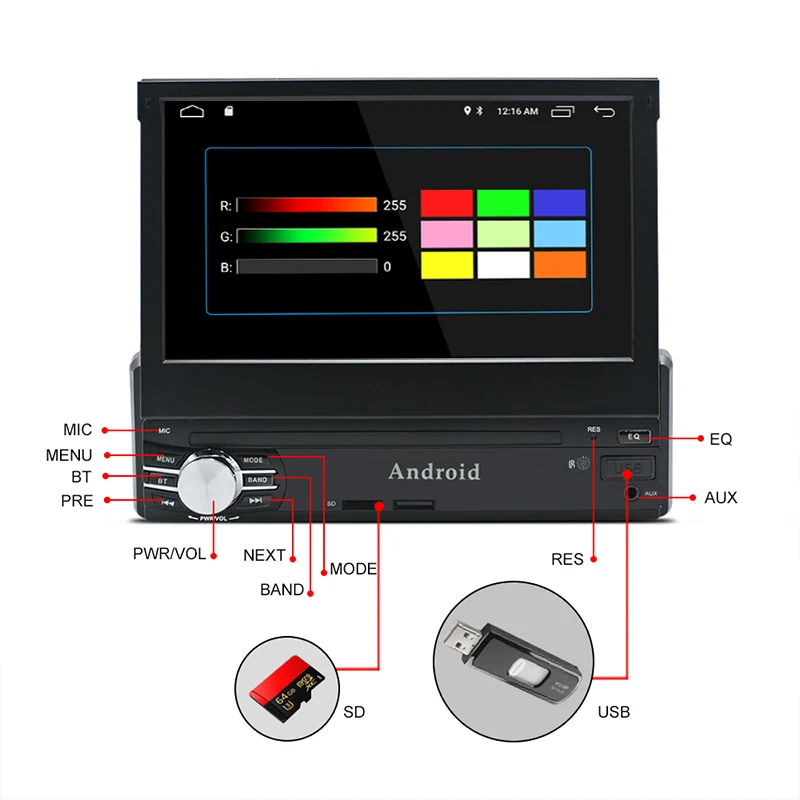 Single 1Din Android 9.0 RAM 2G ROM 16G QuadCore Universal Car Multimedia Radio GPS 7&quot 1024X600 Bluetooth Retractable Mirror Link |