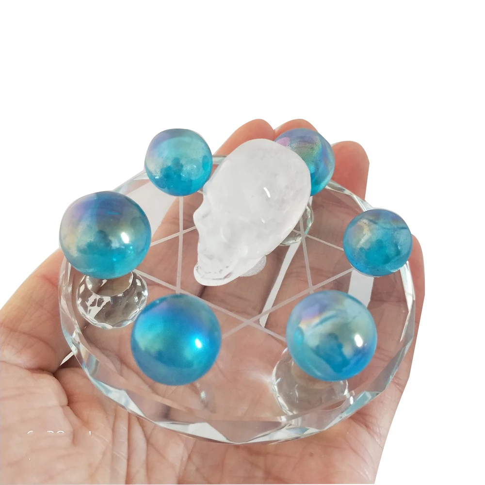 

Feng Shui Seven Star Group Natural Crystal Skull & Crystal Ball White Crystal with Clear Crystal Stand For home or office use